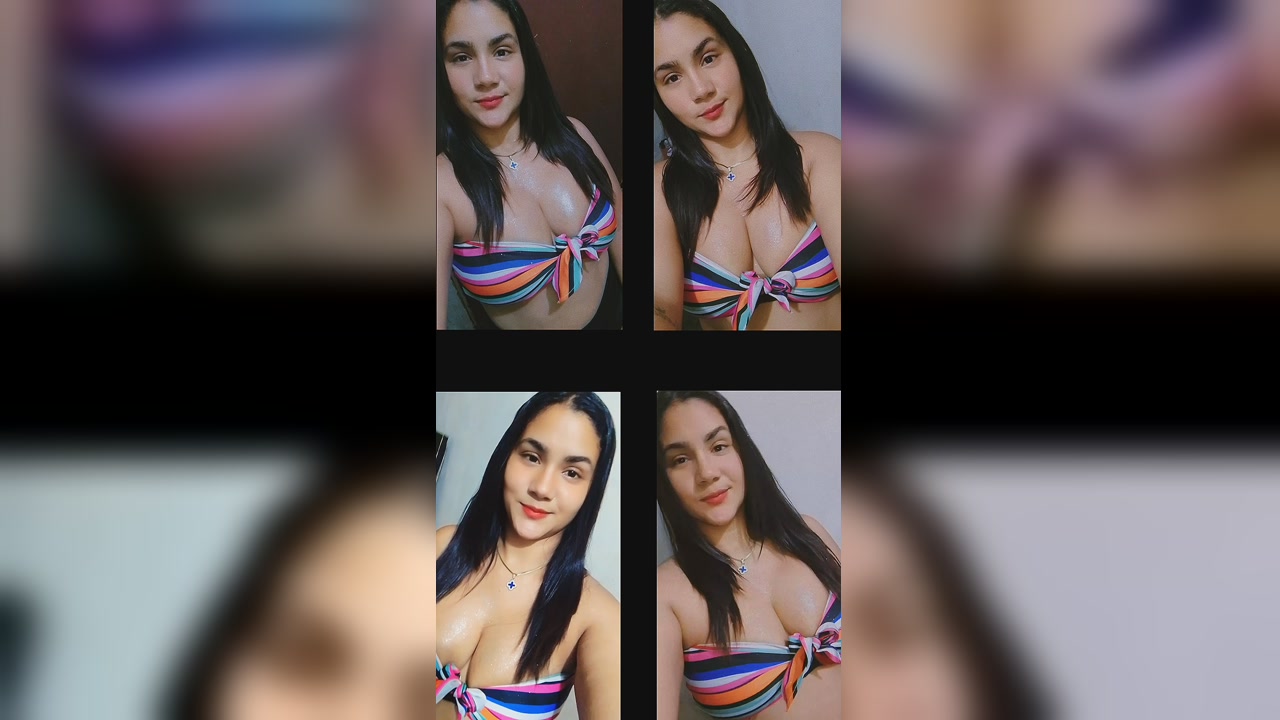 Curvy Brunette Teases Her Big Tits In Striped Bikini